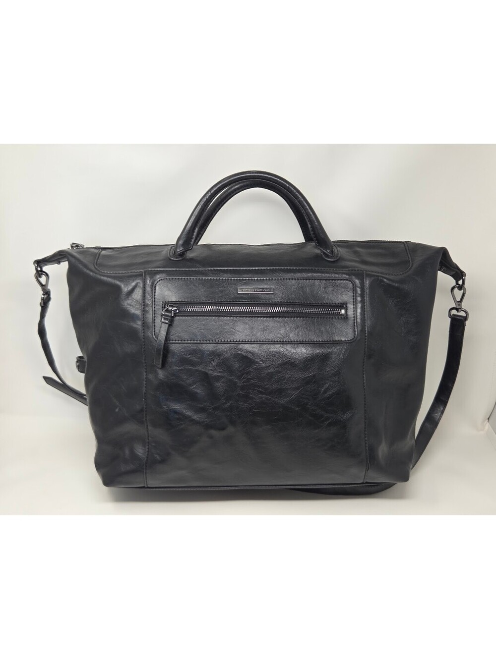 Armani Exchange Black PVC Weekender Duffel Bag Shoulder Strap Zip Pocket